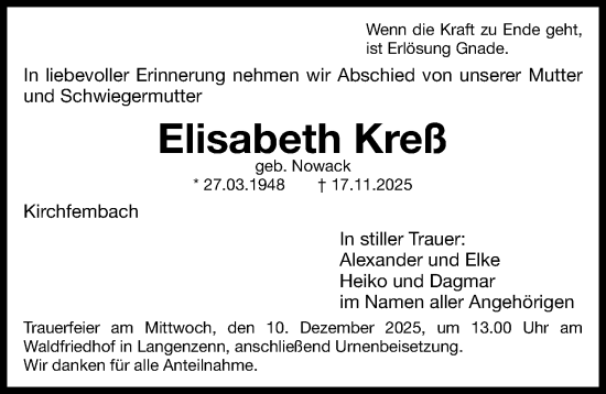 Traueranzeige von Elisabeth Kreß von Fürther Nachrichten Lokal