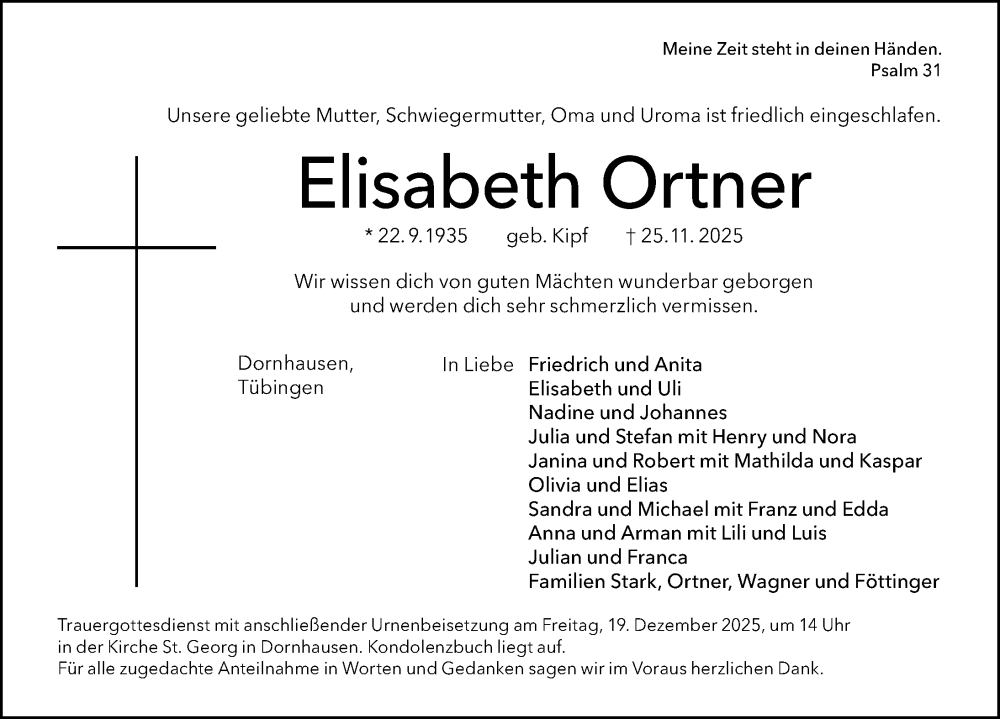  Traueranzeige für Elisabeth Ortner vom 13.12.2025 aus Altmühl-Bote Lokal