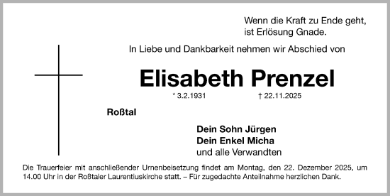 Traueranzeige von Elisabeth Prenzel von Fürther Nachrichten Lokal