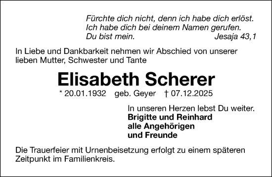 Traueranzeige von Elisabeth Scherer von Gesamtausgabe Nürnberger Nachrichten/ Nürnberger Ztg.