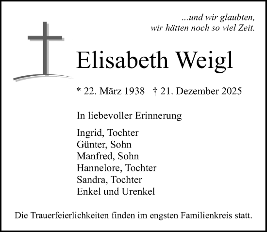 Traueranzeige von Elisabeth Weigl von Neumarkter Nachrichten Lokal