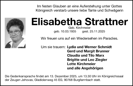 Traueranzeige von Elisabetha Strattner von Fürther Nachrichten Lokal