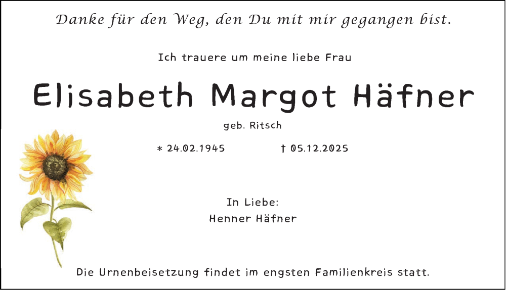  Traueranzeige für Elisabeth Margot Häfner vom 13.12.2025 aus Gesamtausgabe Nürnberger Nachrichten/ Nürnberger Ztg.