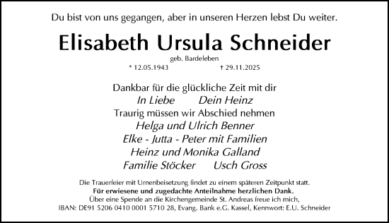 Traueranzeige von Elisabeth Ursula Schneider von Gesamtausgabe Nürnberger Nachrichten/ Nürnberger Ztg.
