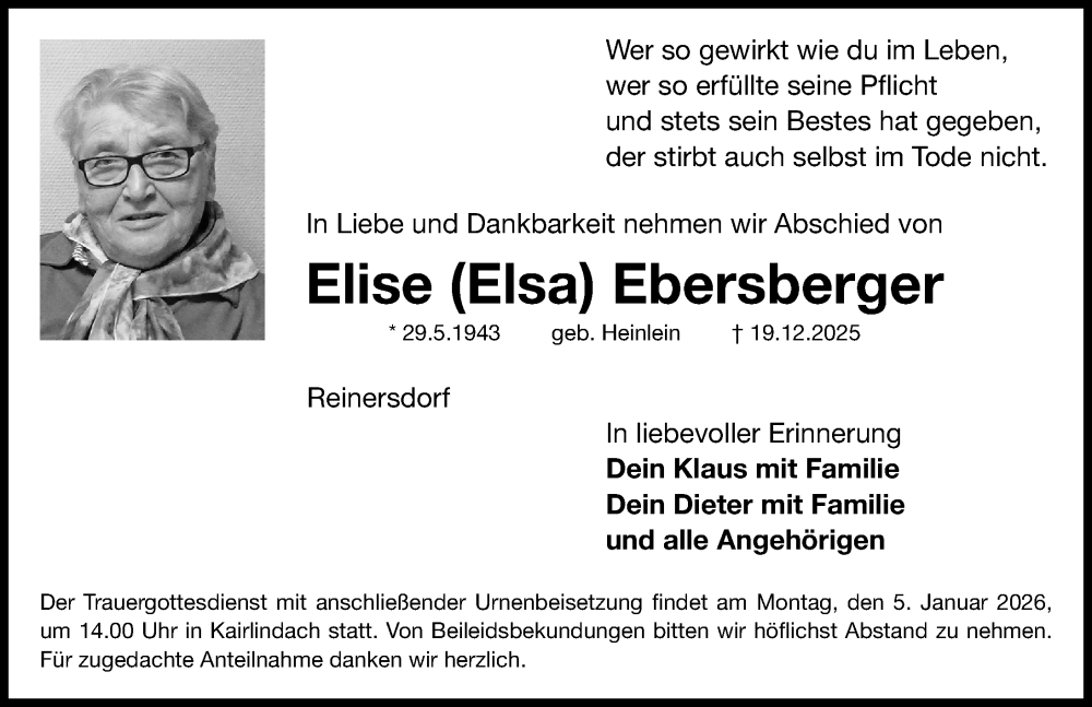  Traueranzeige für Elise Ebersberger vom 30.12.2025 aus Nordbayerische Nachrichten Herzogenaurach Lokal