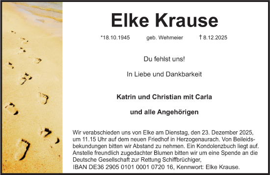 Traueranzeige von Elke Krause von Nordbayerische Nachrichten Herzogenaurach Lokal