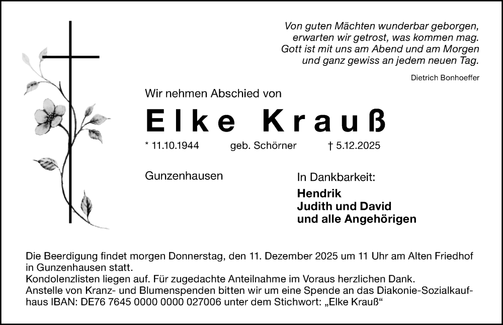  Traueranzeige für Elke Krauß vom 10.12.2025 aus Altmühl-Bote Lokal