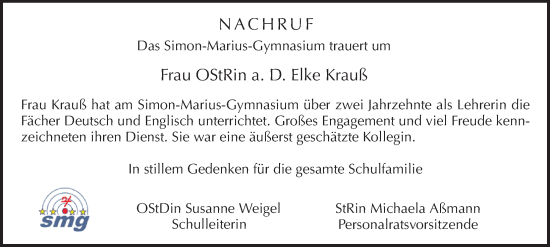 Traueranzeige von Elke Krauß von Altmühl-Bote Lokal