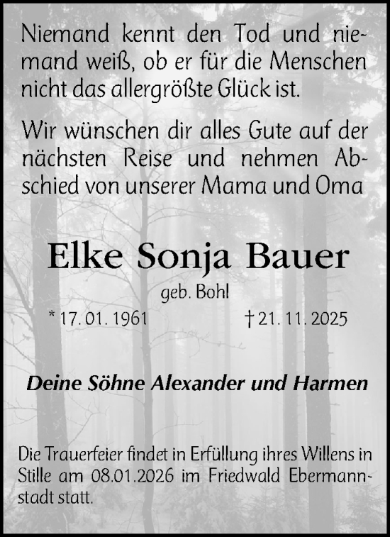 Traueranzeige von Elke Sonja Bauer von Gesamtausgabe Nürnberger Nachrichten/ Nürnberger Ztg.