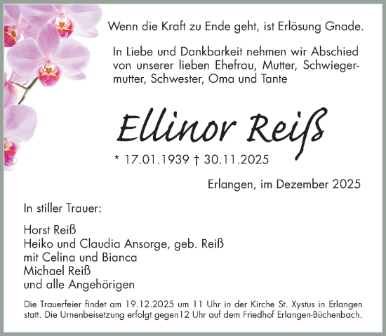 Traueranzeige von Ellinor Reiß von Erlanger Nachrichten Lokal