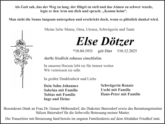 Traueranzeige von Else Dötzer von Erlanger Nachrichten Lokal
