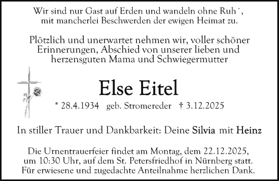 Traueranzeige von Else Eitel von Gesamtausgabe Nürnberger Nachrichten/ Nürnberger Ztg.