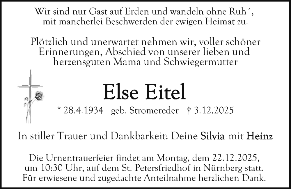  Traueranzeige für Else Eitel vom 20.12.2025 aus Gesamtausgabe Nürnberger Nachrichten/ Nürnberger Ztg.