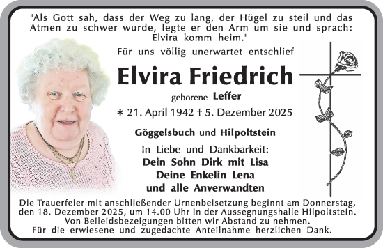 Traueranzeige von Elvira Friedrich von Roth-Hilpoltsteiner Volkszeitung Lokal