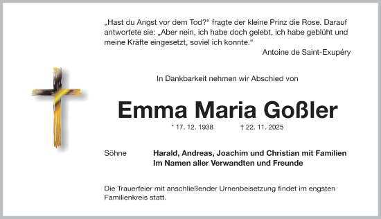 Traueranzeige von Emma Maria Goßler von Schwabacher Tagblatt Lokal