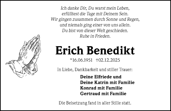 Traueranzeige von Erich Benedikt von Gesamtausgabe Nürnberger Nachrichten/ Nürnberger Ztg.