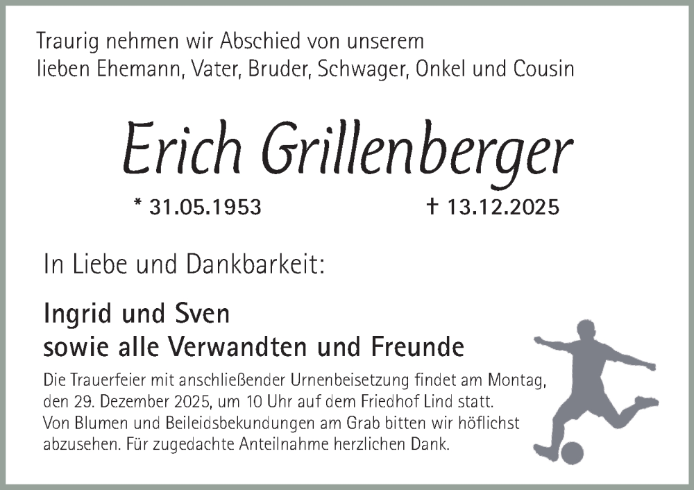  Traueranzeige für Erich Grillenberger vom 20.12.2025 aus Gesamtausgabe Nürnberger Nachrichten/ Nürnberger Ztg./ Fürther Nachrichten