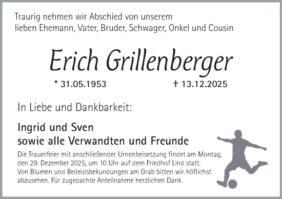 Traueranzeige von Erich Grillenberger von Gesamtausgabe Nürnberger Nachrichten/ Nürnberger Ztg./ Fürther Nachrichten