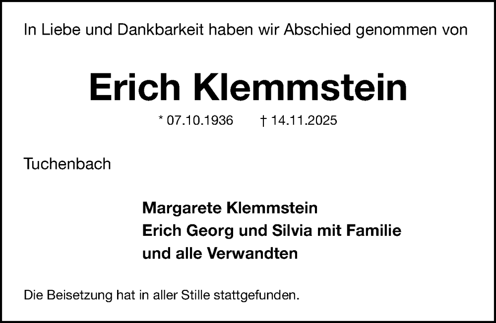  Traueranzeige für Erich Klemmstein vom 20.12.2025 aus Fürther Nachrichten Lokal