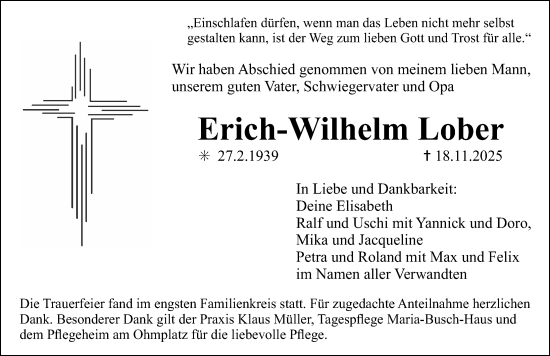 Traueranzeige von Erich-Wilhelm Lober von Erlanger Nachrichten Lokal