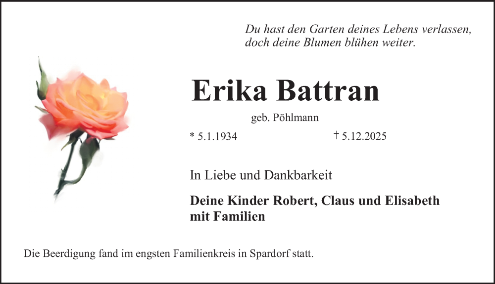  Traueranzeige für Erika Battran vom 13.12.2025 aus Erlanger Nachrichten Lokal