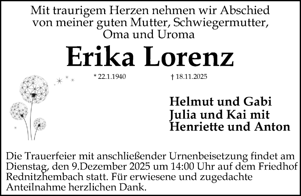  Traueranzeige für Erika Lorenz vom 06.12.2025 aus Schwabacher Tagblatt Lokal
