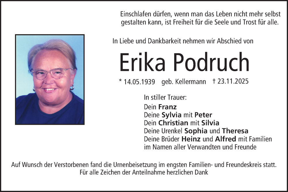  Traueranzeige für Erika Podruch vom 13.12.2025 aus Nordbayerische Nachrichten Forchheim Lokal