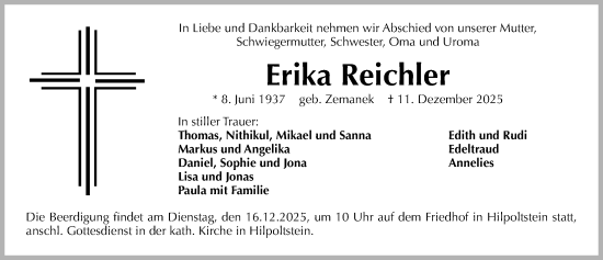 Traueranzeige von Erika Reichler von Gesamtausgabe Nürnberger Nachrichten/ Nürnberger Ztg.