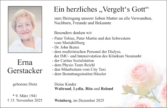Traueranzeige von Erna Gerstacker von Neumarkter Nachrichten Lokal