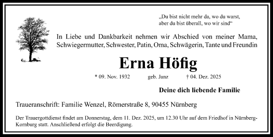 Traueranzeige von Erna Höfig von Gesamtausgabe Nürnberger Nachrichten/ Nürnberger Ztg.