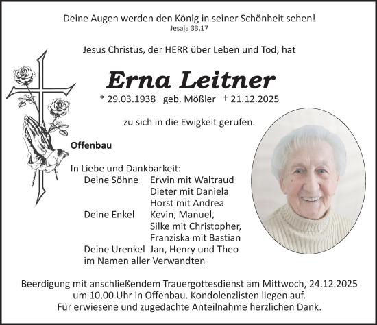 Traueranzeige von Erna Leitner von Roth-Hilpoltsteiner Volkszeitung Lokal