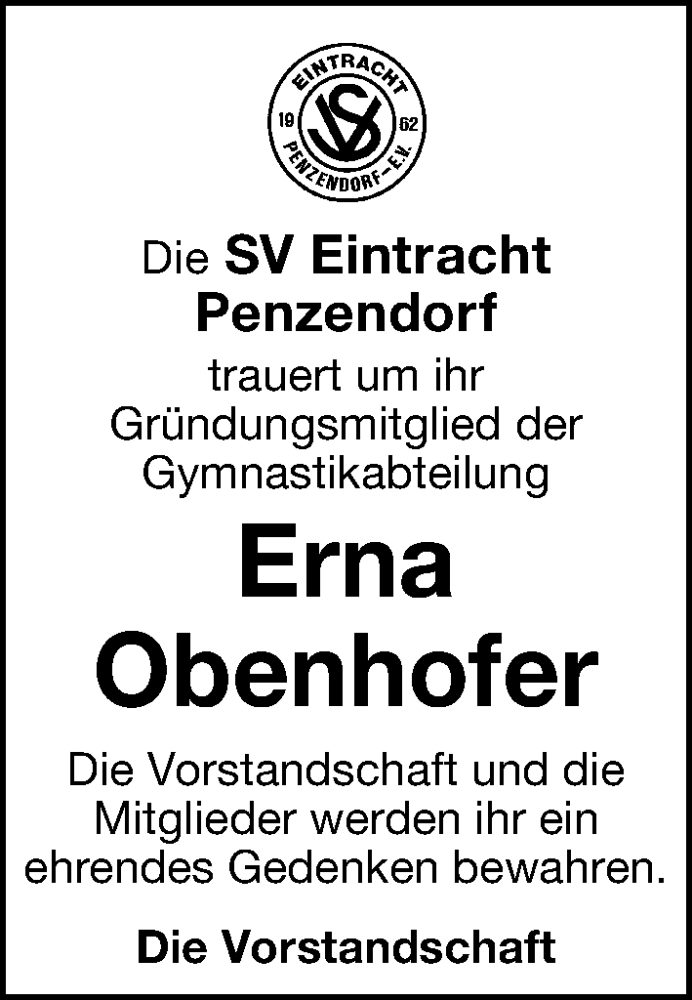  Traueranzeige für Erna Obenhofer vom 06.12.2025 aus Schwabacher Tagblatt Lokal