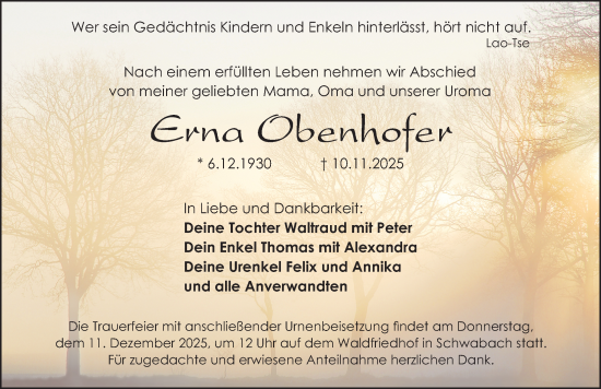 Traueranzeige von Erna Obenhofer von Schwabacher Tagblatt Lokal