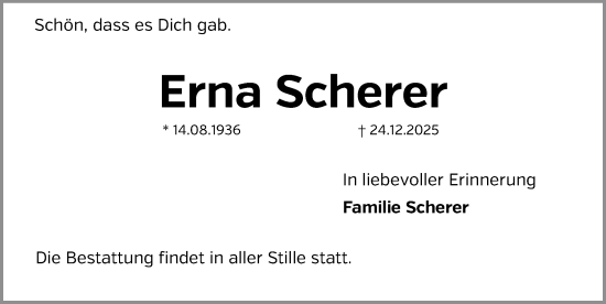 Traueranzeige von Erna Scherer von Gesamtausgabe Nürnberger Nachrichten/ Nürnberger Ztg.