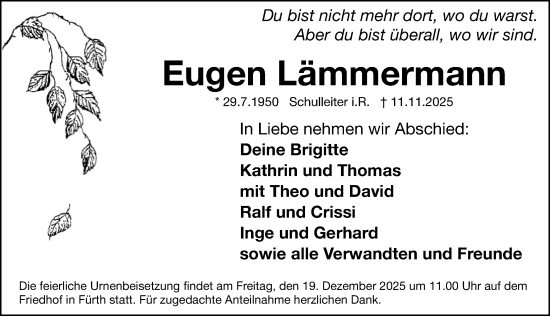 Traueranzeige von Eugen Lämmermann von Fürther Nachrichten Lokal
