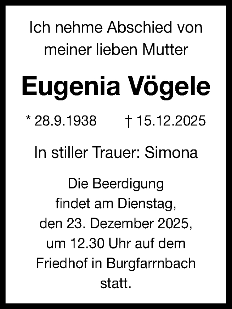 Traueranzeige für Eugenia Vögele vom 20.12.2025 aus Fürther Nachrichten Lokal