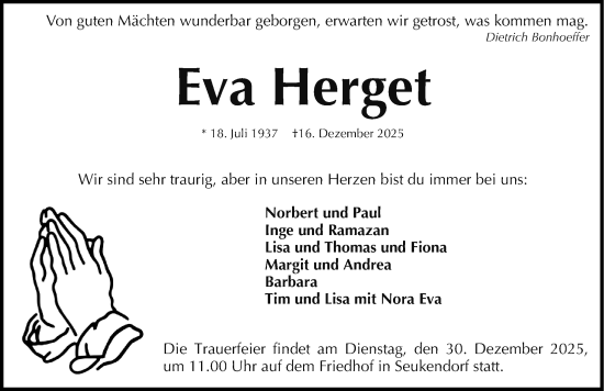 Traueranzeige von Eva Herget von Fürther Nachrichten Lokal