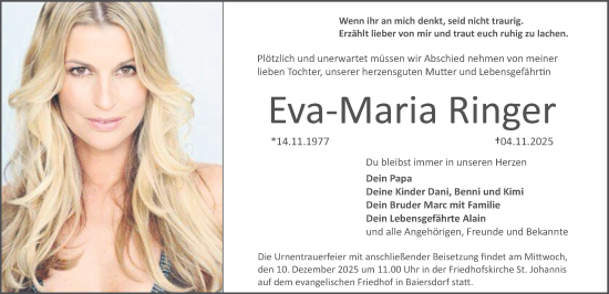 Traueranzeige von Eva-Maria Ringer von Erlanger Nachrichten Lokal