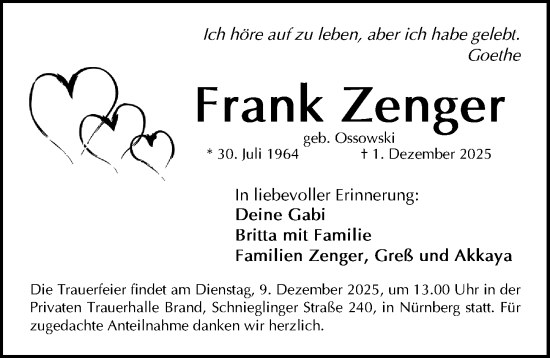 Traueranzeige von Frank Zenger von Gesamtausgabe Nürnberger Nachrichten/ Nürnberger Ztg.