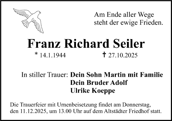 Traueranzeige von Franz Richard Seiler von Erlanger Nachrichten Lokal