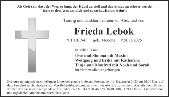 Traueranzeige von Frieda Lebok von Erlanger Nachrichten Lokal