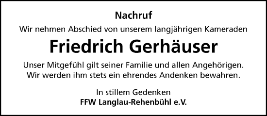 Traueranzeige von Friedrich Gerhäuser von Altmühl-Bote Lokal