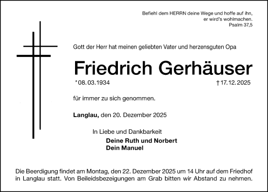 Traueranzeige von Friedrich Gerhäuser von Altmühl-Bote Lokal