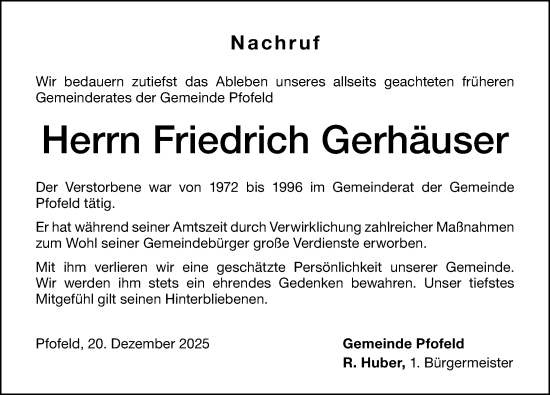 Traueranzeige von Friedrich Gerhäuser von Altmühl-Bote Lokal