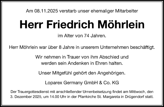 Traueranzeige von Friedrich Möhrlein von Nordbayerische Nachrichten Forchheim Lokal