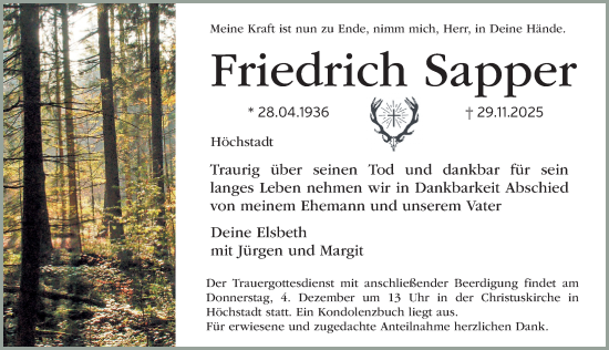 Traueranzeige von Friedrich Sapper von Nordbayerische Nachrichten Herzogenaurach Lokal