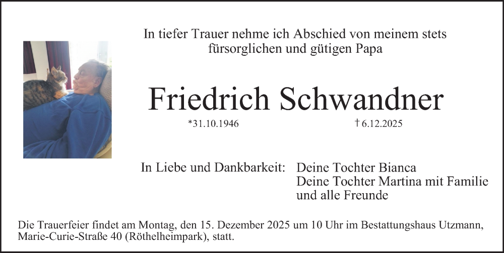  Traueranzeige für Friedrich Schwandner vom 13.12.2025 aus Erlanger Nachrichten Lokal
