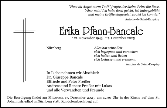 Traueranzeige von Erika Pfann-Bancale von Gesamtausgabe Nürnberger Nachrichten/ Nürnberger Ztg.