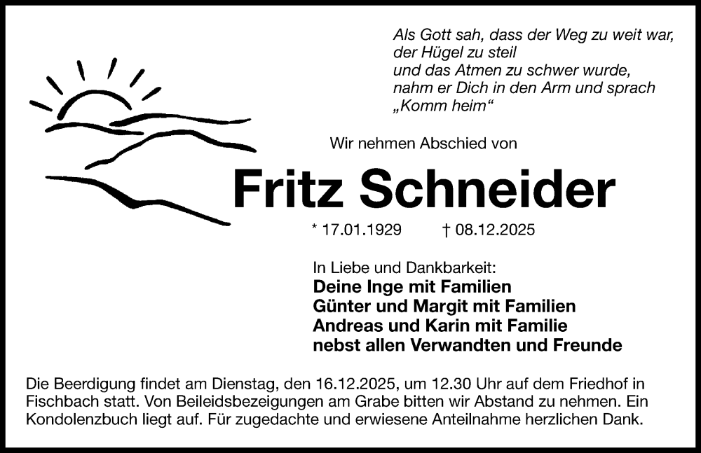  Traueranzeige für Fritz Schneider vom 13.12.2025 aus Gesamtausgabe Nürnberger Nachrichten/ Nürnberger Ztg.