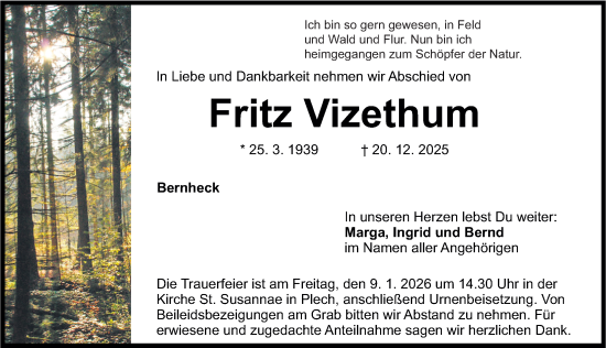 Traueranzeige von Fritz Vizethum von Nordbayerische Nachrichten Pegnitz Lokal